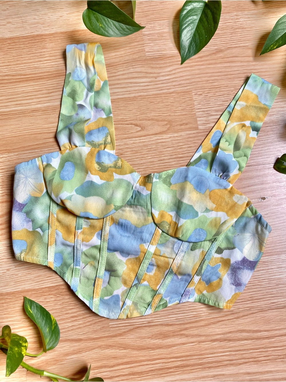 💛💚🩵 Floral Watercolor Bustier Crop Top in Pastel Yellow Green & Blue Cottagecore